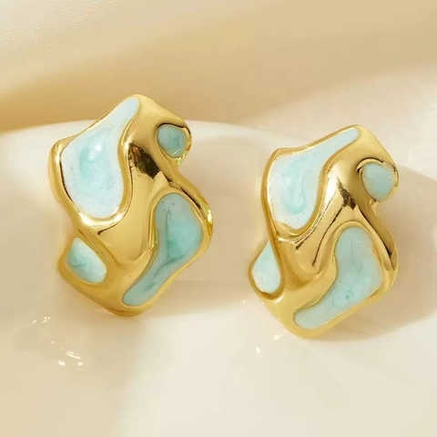 Irregular Geometric Stud Earrings Stainless Steel Colorful Enamel Fluid Line Design Modern Minimalist Jewelry For Women