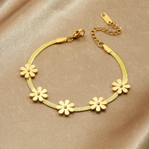 Pulsera Con Dije Flor De Margarita Moda Acero Inoxidable Chapado Oro Cadena Serpiente Joyería Minimalista Mujer