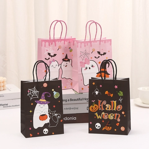 Sacchetti Regalo Halloween Simpatico Cartone Animato Fantasma Zucca Stampa Sacchetti Di Carta Kraft Con Manici Per Feste