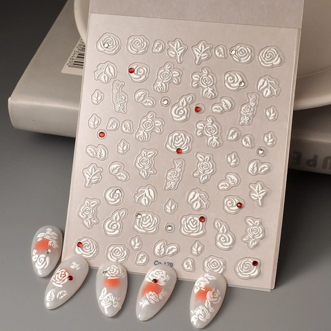 Stickers Ongles 5D Relief Rose Blanche Motif Floral 3D Auto Adhésif Strass Imperméable Élégant DIY Décoration