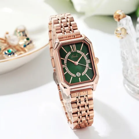 Gedi Elegante Damen Quarzuhr Vintage Oktogonales Zifferblatt Roségold Legierungsband Mit Strasssteinen Datumsfunktion Wasserdichte Uhr