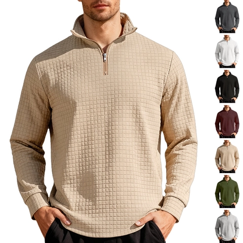 Felpa Da Uomo Mezza Zip Jacquard A Nido D'ape Collo Alto Business Casual Manica Lunga Pullover Comodo Stile Urbano