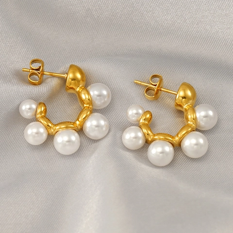 Orecchini A Forma Di C In Stile Vintage Francese Acciaio Inossidabile Placcato Oro 18K Perle D'acqua Dolce Da Donna