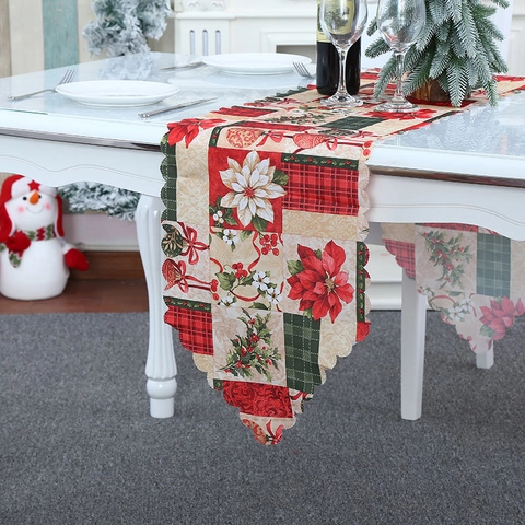 Weihnachts Tischläufer Stoff Wellenrand Feiertag Deko Elch Schneeflocken Druck Festliche Party Tischdecke