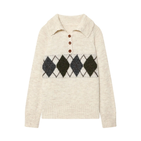 Women Vintage Argyle Knit Sweater Long Sleeve Polo Neck Pullover Casual Preppy Style Ribbed Knitwear Top