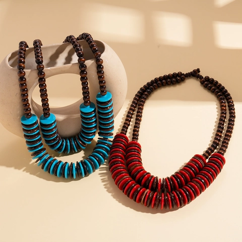 Double Layer Beaded Necklace Wood Coconut Shell Acrylic Disc Ethnic Bohemian Retro Style Sweater Chain For Women