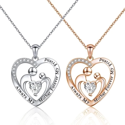 925 Sterling Silver Heart Pendant Necklace With Cubic Zirconia Mother Daughter Hugging Engraved Gift For Women