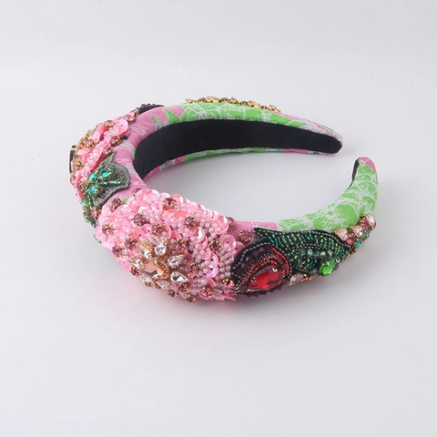 Diadema Acolchada Barroca Para Mujer Lujosa Elaboración Pesada Diamantes De Imitación Lentejuelas Bordado Floral Vintage