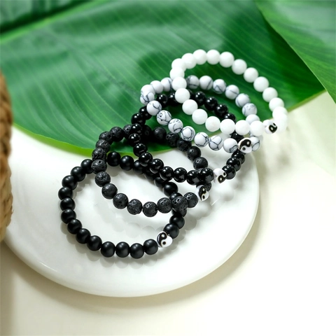 Yin Yang Tai Chi Gekoppelde Kralen Armband Natuursteen Lavasteen Wit Turkoois Emaille Charm Armband Voor Stellen Sieraden