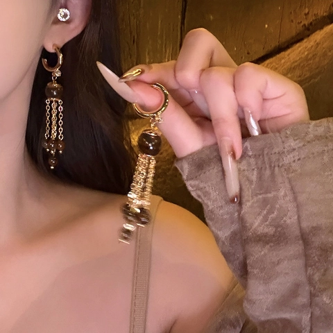 Long Tassel Drop Earrings For Women With Tiger Eye Stone And 925 Sterling Silver Earring Post Vintage Bohemian Jewelry
