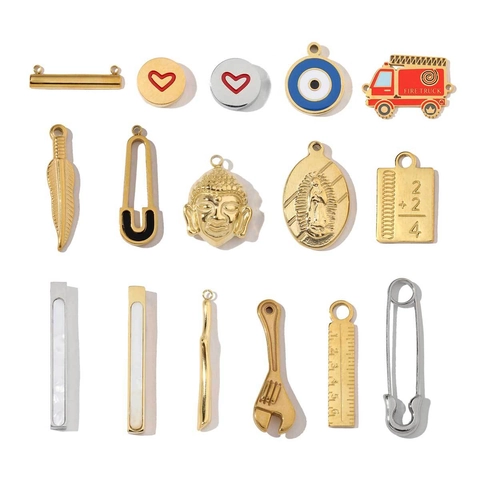 Stainless Steel DIY Jewelry Charms Pendants Heart Evil Eye Buddha Fire Truck Safety Pin Ruler Math Novelty Retro
