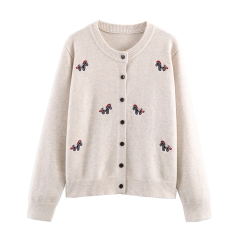 Cárdigan De Punto Para Mujer Manga Larga Cuello Redondo Con Botones Bordado De Poney Poliéster Estilo Casual Preppy