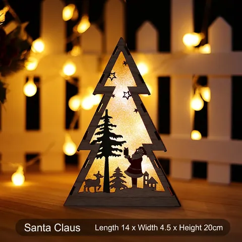 Christmas Wooden LED Lighted Ornament Tree Shape Hollow Desktop Night Light Holiday Decor Reindeer Snowman Santa Claus
