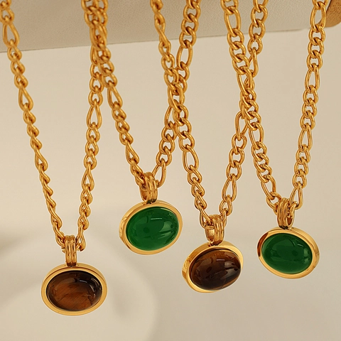 Ensemble de Bijoux Vintage en Acier au Titane pour Femmes Collier Pendentif Ovale en Verre Vert Pierre Oeil de Tigre Boucles d'Oreilles Clous en Forme de C