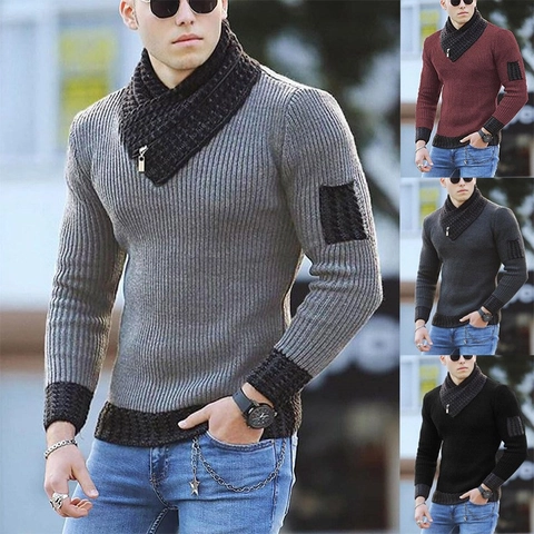 Herren Polyester Strickpullover Rollkragen Reißverschluss Color Block Langarm Lässig Dick Locker