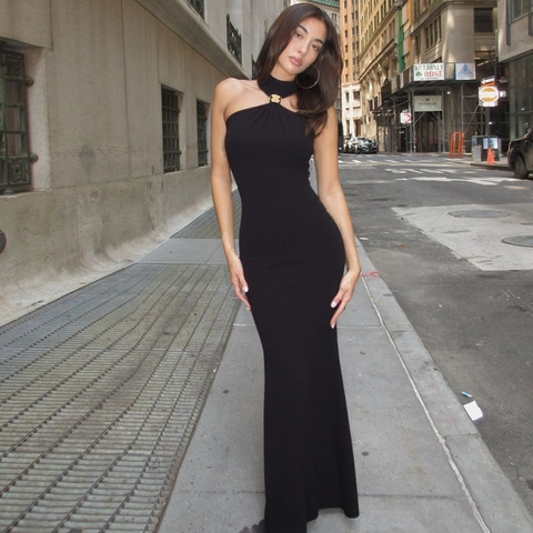 Robe Maxi À Dos Nu Polyester Élasthanne Coupe Cintrée Sans Manches Fente Haute Détail Métal Doré Été Soirée Élégante Femmes
