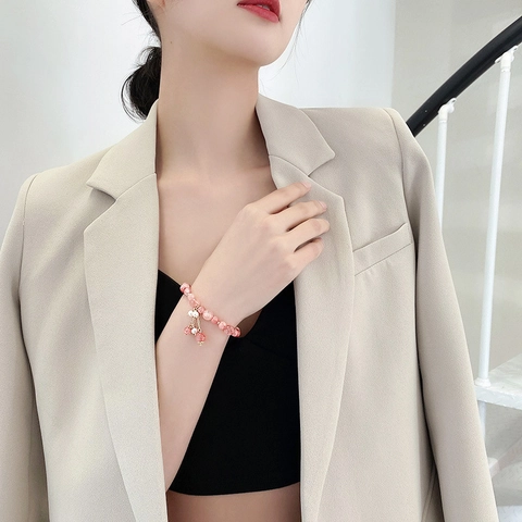 Bracciale Di Perline In Cristallo Di Fragola Rosa Per Donna Stile Coreano Dolce Elastico Con Ciondolo Fiore Di Perla Artificial