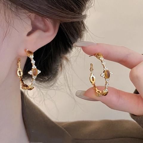 Vintage C-Shaped Hoop Earrings With Tiger Eye Stone Rhinestone And Silver Earring Post 18K Gold Plated For Women