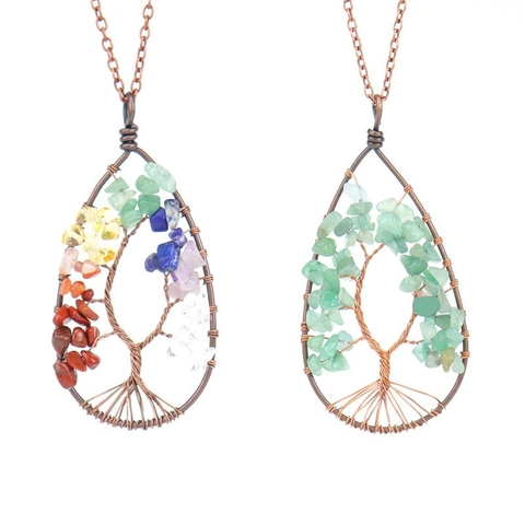 Tree Of Life Pendant Necklace Handmade Copper Wire Wrapped Teardrop Natural Stone Crystal Jewelry For Women Bohemian Style