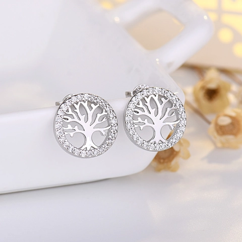 Tree Of Life Stud Earrings For Women Brass 925 Sterling Silver Post Zirconia Inlaid Hollow Round Elegant Jewelry Gift