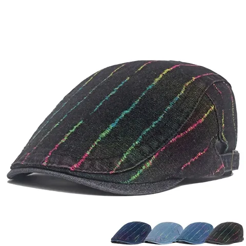 Berretto Ivy In Denim Ricamo Righe Arcobaleno Vintage Newsboy Cappello Regolabile Casual Flat Cap Outdoor