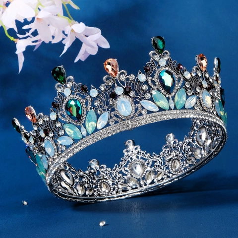 Corona Da Sposa Rotonda Vintage Barocca Lega Strass Colorati Cristallo Tiara Da Matrimonio Per Donne