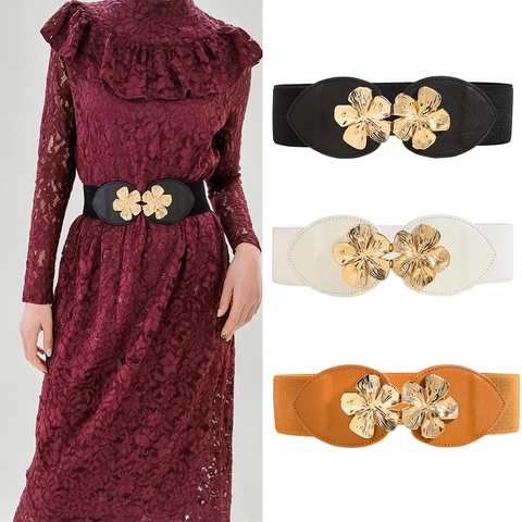 Women Fashion Elastic Corset Belt With Metal Flower Buckle Faux Leather Wide Waist Band Stretch Belt For Dresses Accessories