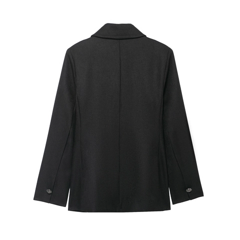 Chaqueta De Doble Botonadura Para Mujer Tela De Sarga Solapa Color Sólido Elegante Abrigo Corto Con Botones Metálicos