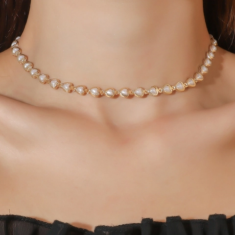 Collana con Pendente a Cuore in Perla Artificiale Vintage Francese Placcato Oro Catena in Lega Choker per Donna Gioielli Eleganti
