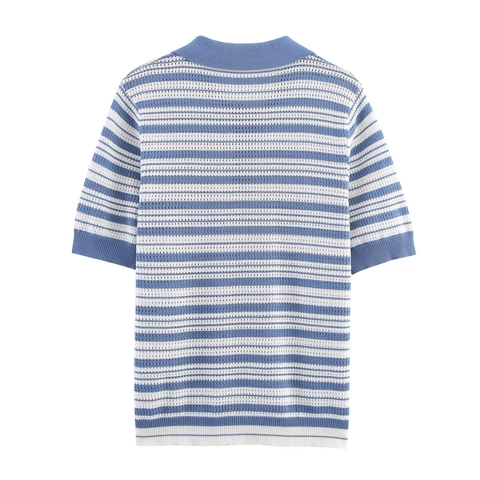 Women Striped Knit Polo Shirt Short Sleeve Blue White Contrast Button Down Hollow Out Breathable Casual Summer Top