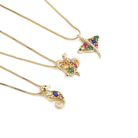 Collar Colgante Animales Cobre Chapado Oro Zircon Colorido Tortuga Caballito De Mar Raya Joyas Mujeres