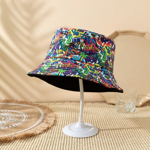 Retro Jaren 80 90 Graffiti Print Vissershoed Omkeerbaar Polyester Brede Rand Streetwear Zonnehoed Voor Heren En Dames