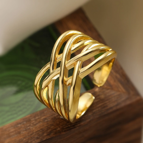 Unregelmäßige Geometrische Offene Ringe Für Damen Vergoldetes Kupfer Verstellbar Minimalistisch Vintage Texturiert