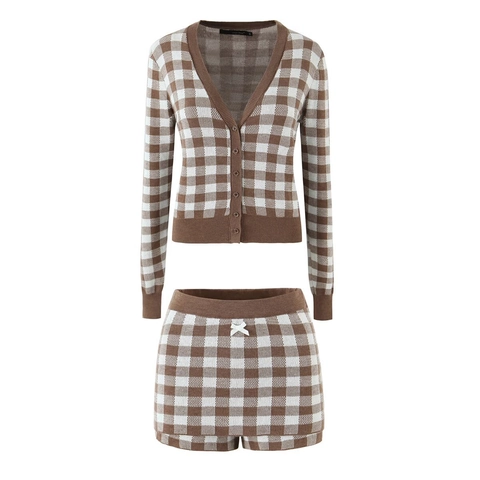 Geruite Gebreide Cardigan En Shorts V Hals Lange Mouwen Knoopsluiting Bruin Wit Casual Streetwear Dames