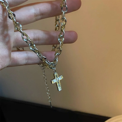 Collana Con Ciondolo A Croce Acciaio Al Titanio Colore Argento Oro Misto Zircone Hip Hop Streetwear Stile Gioielli Uomo