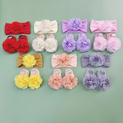 Ensemble Bandeau Et Chaussettes Bébé Fleur Mousseline Coton Tricot Côtelé Élastique Douce Accessoires Cheveux Cadeau