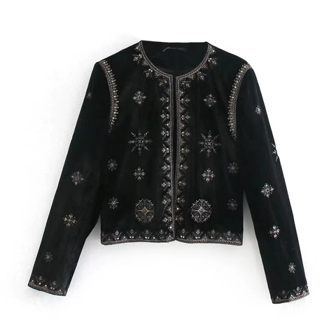 Chaqueta Corta Elegante De Terciopelo Negro Para Mujer Con Bordados En Oro Y Plata Y Lentejuelas Manga Larga