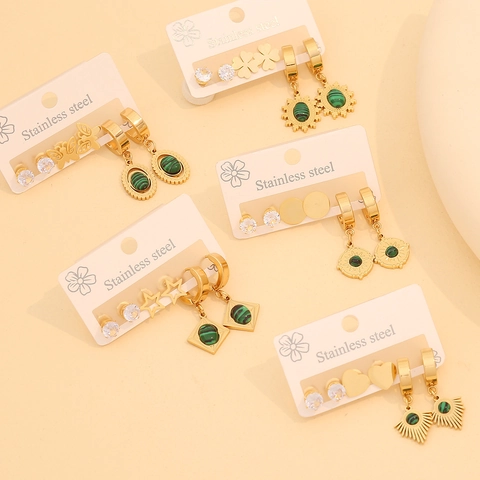 Vintage Stainless Steel Earrings With Faux Malachite And Zircon Gold Plated Heart Flower Sun Butterfly Jewelry For Women