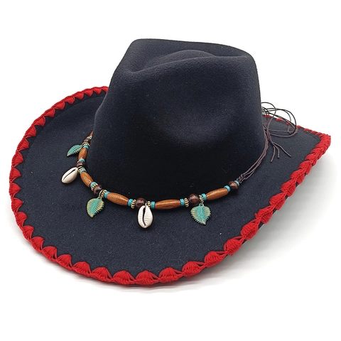 Western Cowboy Hat Retro Felt Fedora With Ethnic Beaded Band Shell Metal Leaf Pendant Woven Brim For Men Women