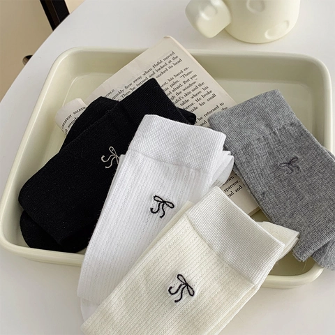 Slouch Socks Women Cotton Blend Ribbed Knit Bow Embroidery Mesh Hollow Out Japanese Style Breathable Calf High Socks Girls