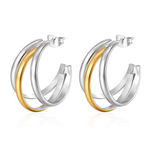 Stainless Steel C Shape Hoop Earrings 18K Gold Plated Geometric Curved Surface Interlocking Trendy Studs For Unisex