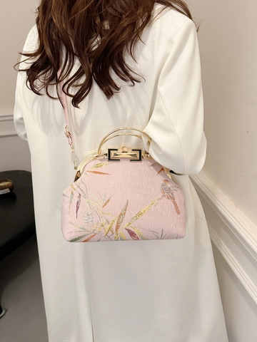 Sac Bandoulière Vintage Broderie Femme Style Chinois Hanfu Cheongsam À Main Avec Poignée Métal Motif Oiseau Feuille Bambou