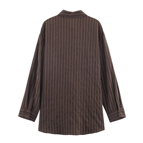 Camicia In Popeline A Righe Da Donna Manica Lunga Revers Con Fibbie Laterali Decorative Top Casual Caffè