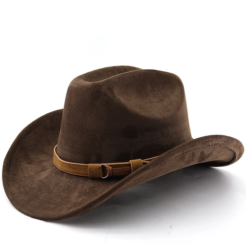 Classic Western Cowboy Hat Faux Suede Wide Brim Sun Protection Vintage Style For Men Women With Decorative Belt Buckle