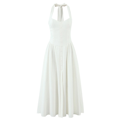 Halter Neck Rückenfreies Maxikleid Elegant Schnüren Vorne Geknöpft Schlitz Ärmellos Einfarbig Party Sexy