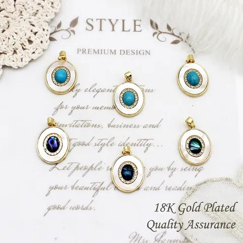 Pendenti Ovali Vintage Ottone Placcato Oro 18K Con Madreperla Conchiglia Di Abulone Turchese Zircone Per Gioielli Fai Da Te