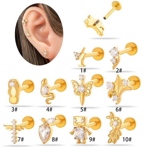 Titaniumlegering Zirkoon Labret Stud Interne Schroefdraad Kraakbeen Oorbel Platte Achterkant Piercing Lichaamssieraden Vrouwen