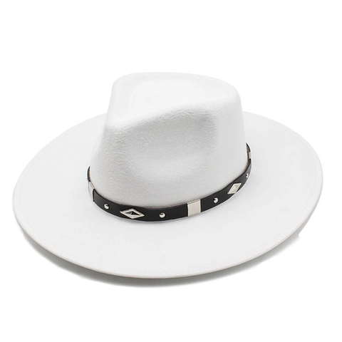 Retro Wide Brim Fedora Hat Wool Felt Jazz Cap With Studded Band Solid Color Unisex British Style Autumn Winter