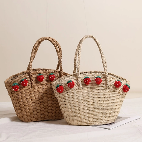 Bolso De Mano De Paja Tejida Ganchillo Fresa Forma Concha Tote Vacaciones Playa Verano Para Mujeres Forro Cordón