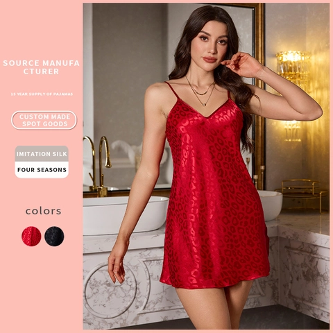 Women Leopard Print Spaghetti Strap Nightgown V-Neck Imitation Satin Satin Sleepwear Sexy Mini Nightdress